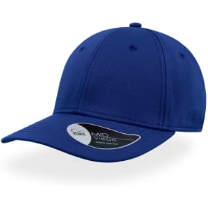 A blue cap featuring a mid-visor and a logo on the side. The design is simple and classic.