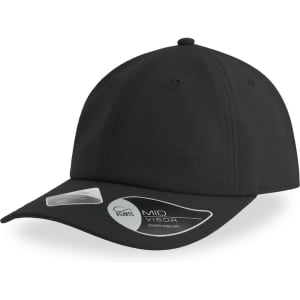 A black cap with a mid visor, featuring a logo and a smooth texture.