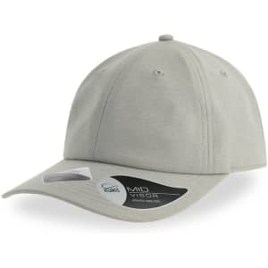 A light grey cap with a mid visor and a branded label on the side.