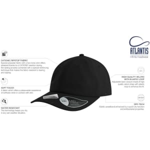 A black cap featuring a curved peak, water-resistant fabric, and a logo. It has an adjustable strap and soft touch.