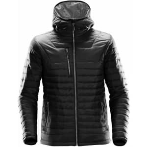 A black puffer jacket with a hood featuring a zip front, zip pocket, and a logos on the chest.