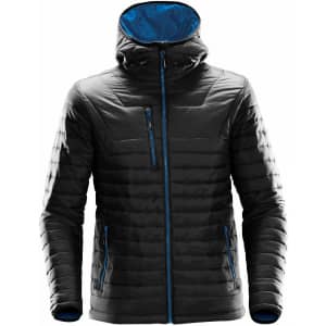 A black puffer jacket with a blue interior, featuring a hood and zippered pockets, and has a logo.