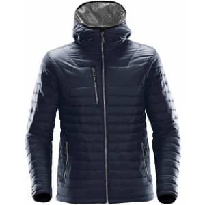 A navy puffer jacket with a hood, featuring zippered pockets and a logo on the chest.