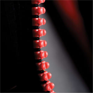 A close-up of a red zipper with toggles on a dark fabric background, featuring a visible logo on the garment.