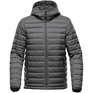 A grey thermal jacket with a hood, featuring a quilted design and a front zip closure. Includes a logo.