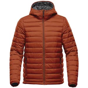 A thermal jacket in burnt orange with a hood, featuring a quilted design and a brand logo.
