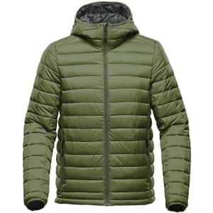 A men's thermal jacket in olive green with a hood and quilted design, featuring a logo on the front.
