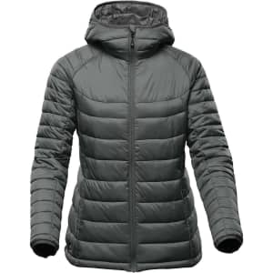 A women's thermal jacket in dark green with a hood, featuring a zip front and quilted design. It has a logo on the sleeve.