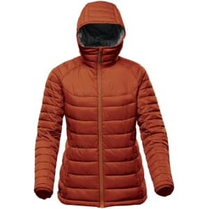 A thermal jacket in burnt orange with a hood, featuring a zippered front and insulated design.