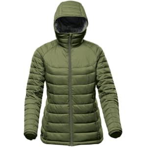 A green insulated women's jacket with a hood, featuring a zip front and a quilted design. It has a logo on the chest.