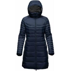 A navy women's parka jacket with a hood, featuring a quilted design and full-length zipper. It includes a branding logo.