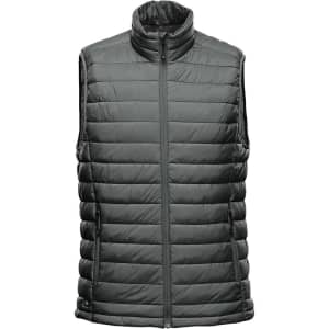 A green thermal vest with a high collar and zip front, featuring quilted padding and a logo.