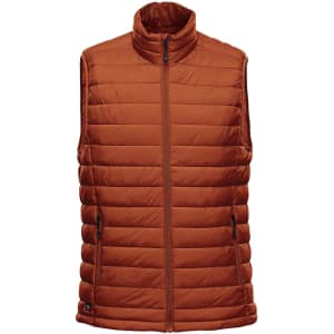 An orange thermal vest with a high collar and zip closure, featuring a logo. Ideal for cooler weather.