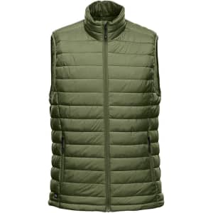A green thermal vest with a high collar, featuring a zip front and a sleek, quilted design.
