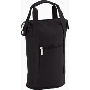 A drink bottle cooler in black fabric with a zippered pocket and two sturdy handles. Features branding on the side.