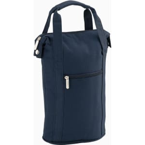 A drink bottle cooler in navy blue, featuring a zippered pocket and two sturdy handles. It has a logo.