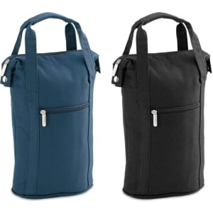 A drink bottle cooler in teal and black, featuring two handles and a zippered pocket on the front.