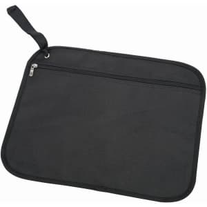 A black satchel with a zippered pocket and a handle, made from durable material. It features a simple, sleek design.