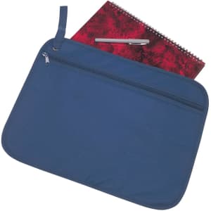 A navy blue satchel featuring a zippered pocket, with a spiral notebook and pen on top. Equipped with a carry handle.