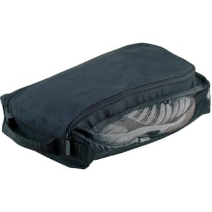 A black Platform Shoe Carrier featuring a zippered closure and a mesh side for ventilation. It has a handle for easy transport.