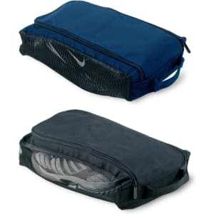 A platform shoe carrier in navy blue and black, featuring a zip closure and a handle, with a logo.