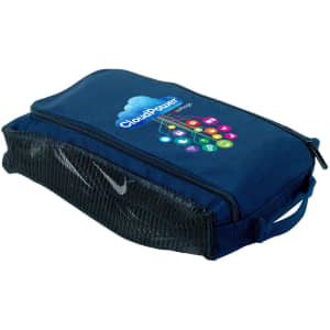 A navy blue platform shoe carrier with a mesh side and a logo, featuring a zip closure and carrying strap.