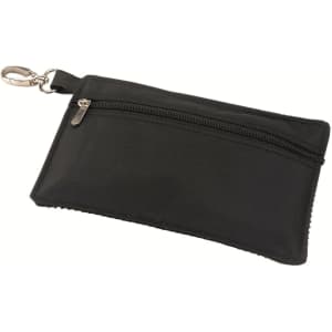 A black microfibre accessories bag with a zippered compartment and a clip. It features a simple design.