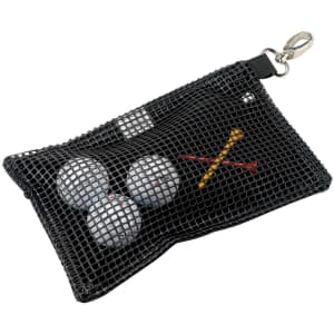 A black microfibre accessories bag containing three golf balls and a few tees, featuring a clip for attachment.