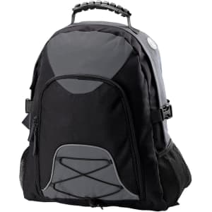 A black and grey backpack featuring a front storage compartment, side mesh pockets, and a textured handle.