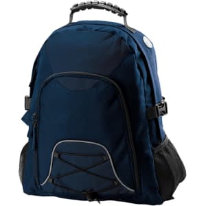 A blue Climber Backpack with a front pocket, mesh side pockets, and a top handle. It features a decorative bungee cord.