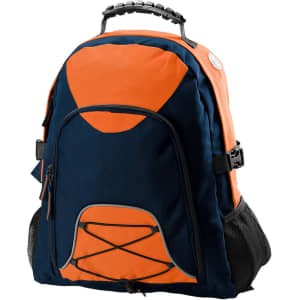 A navy and orange Climber Backpack featuring a front pocket, mesh side pockets, and a grip handle on top.