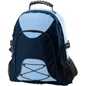 A blue and navy Climber Backpack featuring a mesh side pocket and a logo on the front.