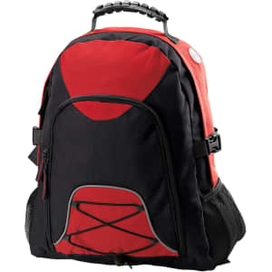 A red and black backpack with a top handle, exterior pockets, and a logo. It features a mesh side pocket and decorative cord.