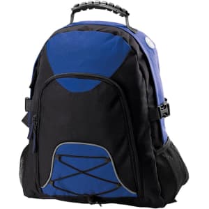 A blue and black backpack featuring a front compartment, mesh side pockets, and a top handle. It has a logo.