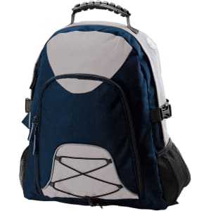 A navy and grey Climber Backpack featuring a front pocket, mesh side pockets, and a sturdy handle at the top.