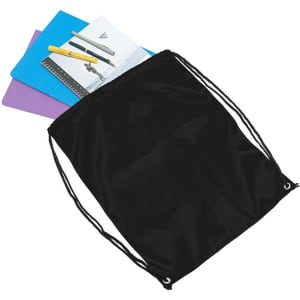 A black drawstring bag containing notebooks and writing instruments. The bag features a branded logo.