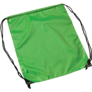 A bright green drawstring bag with black cords, designed for easy carrying. It features a simple, utilitarian style.