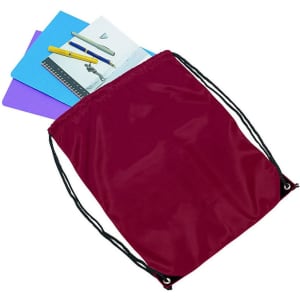 A maroon drawstring bag filled with colourful notebooks and stationery items. The bag features a logo.