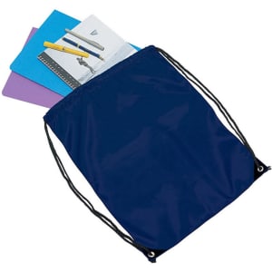 A navy drawstring bag with assorted stationery items, including notebooks and pens, partially visible inside.