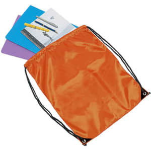An orange drawstring bag containing a notebook, a sketchpad, and pens. The bag has a logo.