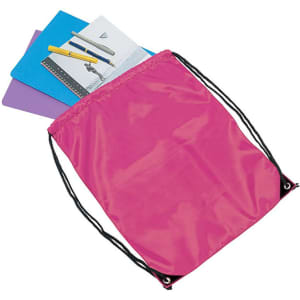 A pink drawstring bag with black cords containing notebooks and pens. It features a logo.