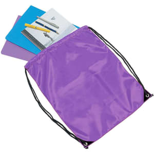 A purple drawstring bag containing notebooks and pens, featuring a logo on the bag.