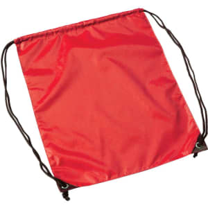A red drawstring bag with black cords and a cinch closure. It features a logo on one side.
