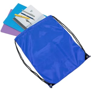 A blue drawstring bag with black cords, containing notebooks and stationery items.