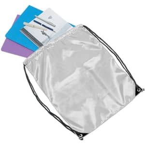 A silver drawstring bag containing notebooks and pens, featuring a branding logo on the exterior.