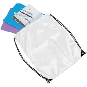 A white drawstring bag containing assorted items, including colourful notebooks. The bag features a logo.