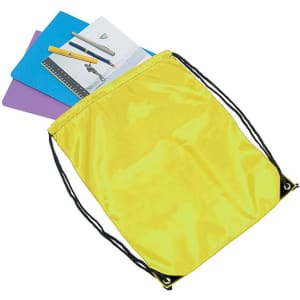 A yellow drawstring bag containing notebooks and pens, with black drawstrings for closure. It has a logo.