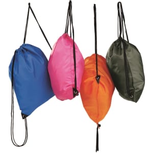 Four drawstring bags in blue, pink, orange, and green, with black straps and a small logo on each.