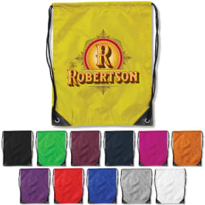 A drawstring bag in bright yellow with a logo, available in multiple colours including black, green, purple, and orange.