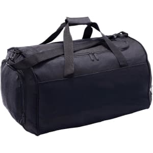 A black duffle bag with dual handles and a zippered top, featuring a side pocket and a simple logo.